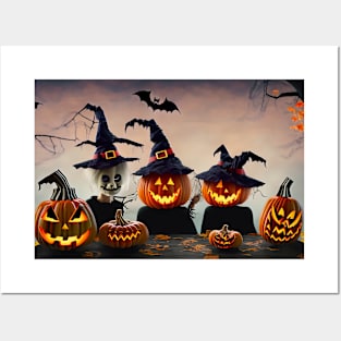 Couple in Halloween costumes in pumpkin patch Posters and Art